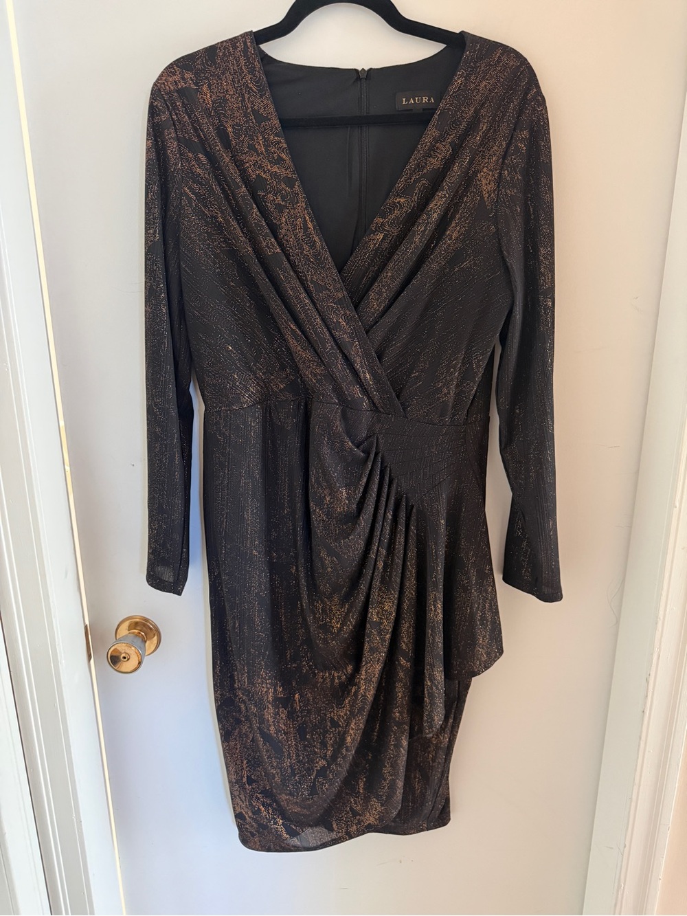 Laura Black Bronze Metallic Ruched Wrap Dress Size 12 Long Sleeve Cocktail